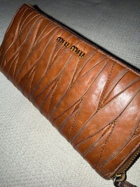 Miu Miu Matelasse Cognac Leather Zip Around Long Wallet